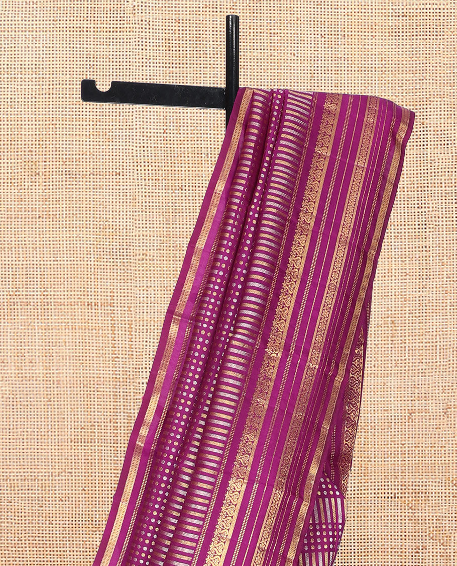 Purple Kanchipuram Designer Silk Saree, Steeped in Richness of Zari Buttas, Zari Border of Muthu, Banaras, and Cross Kamalam Design, Grand Pallu, and a Matching Blouse