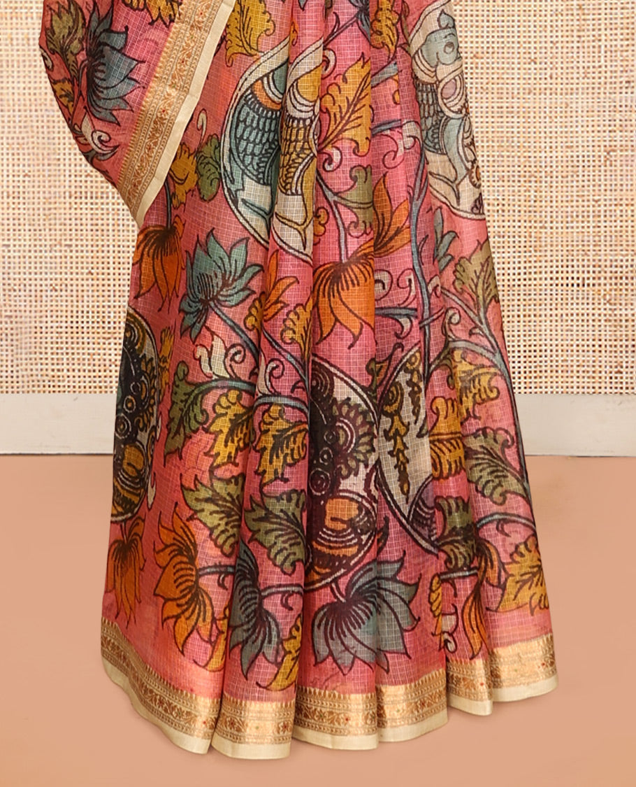 Pink Floral Vine Pen Kalamkari Silk Saree, Contrast Zari Border, God Motif Pallu, Contrast Blouse