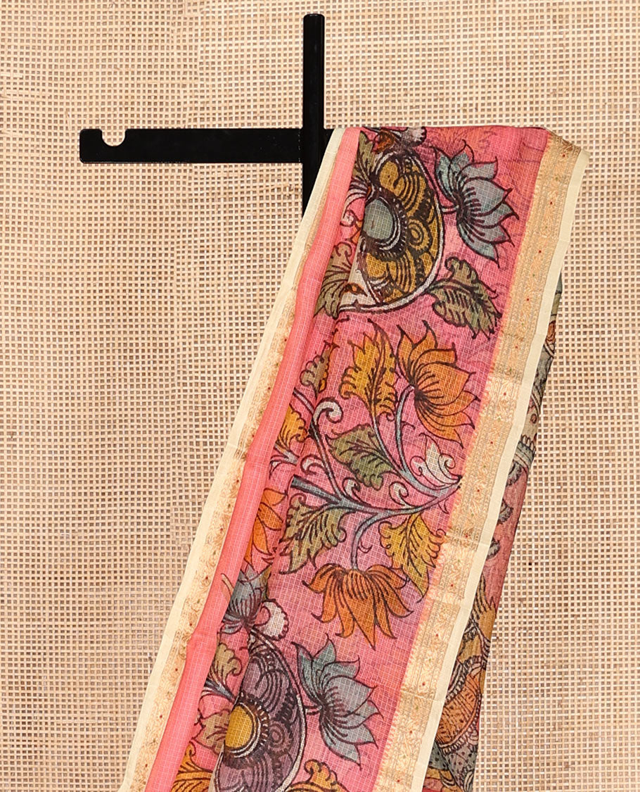 Pink Floral Vine Pen Kalamkari Silk Saree, Contrast Zari Border, God Motif Pallu, Contrast Blouse