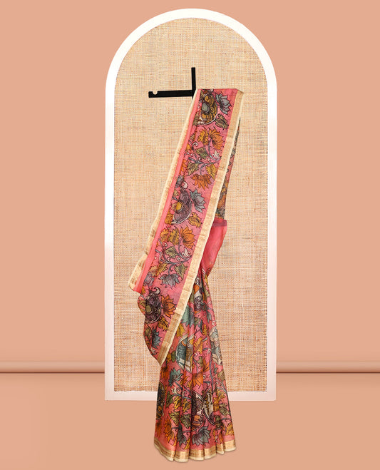 Pink Floral Vine Pen Kalamkari Silk Saree, Contrast Zari Border, God Motif Pallu, Contrast Blouse