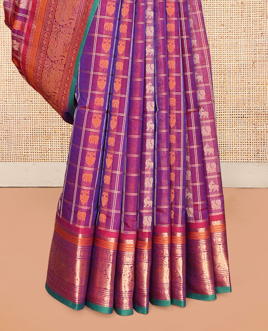 Purple Buttas-Checked Kuppadam Silk Saree, a Semi-Contrast Yazhi Border, Grand Pallu, a Matching Blouse