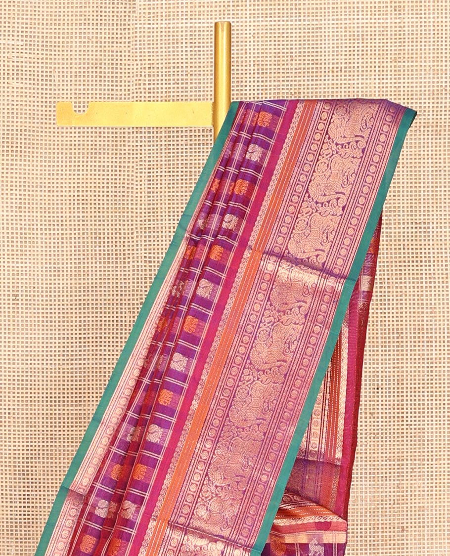 Purple Buttas-Checked Kuppadam Silk Saree, a Semi-Contrast Yazhi Border, Grand Pallu, a Matching Blouse
