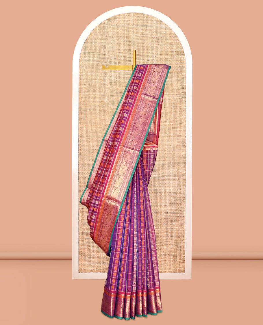 Purple Buttas-Checked Kuppadam Silk Saree, a Semi-Contrast Yazhi Border, Grand Pallu, a Matching Blouse