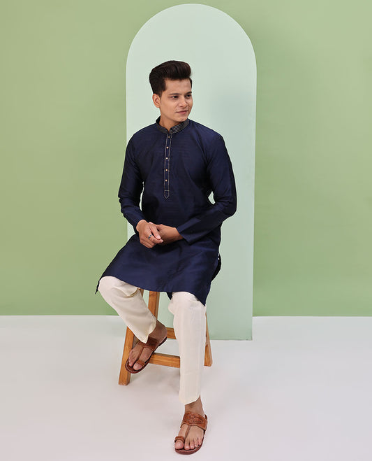 Navy blue embossed & neck work full-sleeved kurta