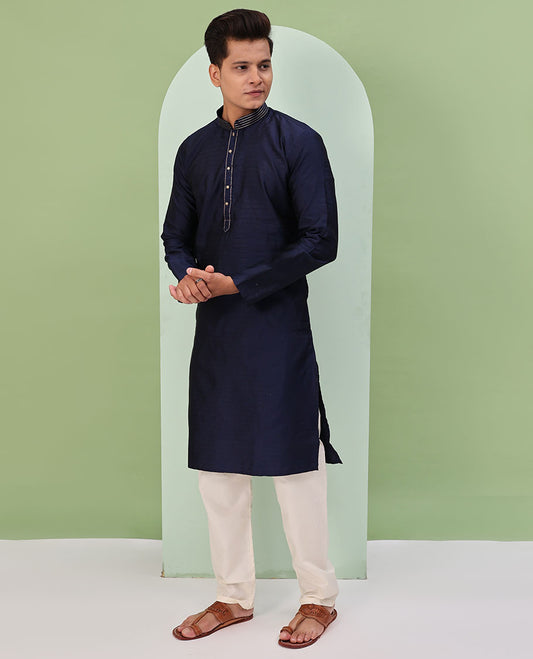 Navy blue embossed & neck work full-sleeved kurta