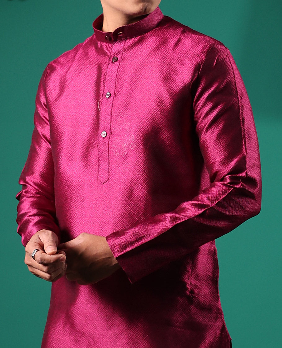 Maroon peacock eye style diamond pattern embossed full-sleeved men's kurta