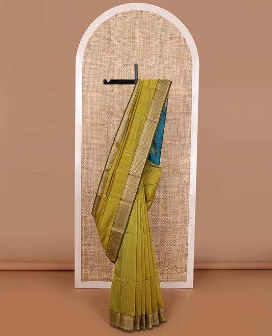 Green motifs maheshwari cotton saree with contrast checked border & geometric design pallu