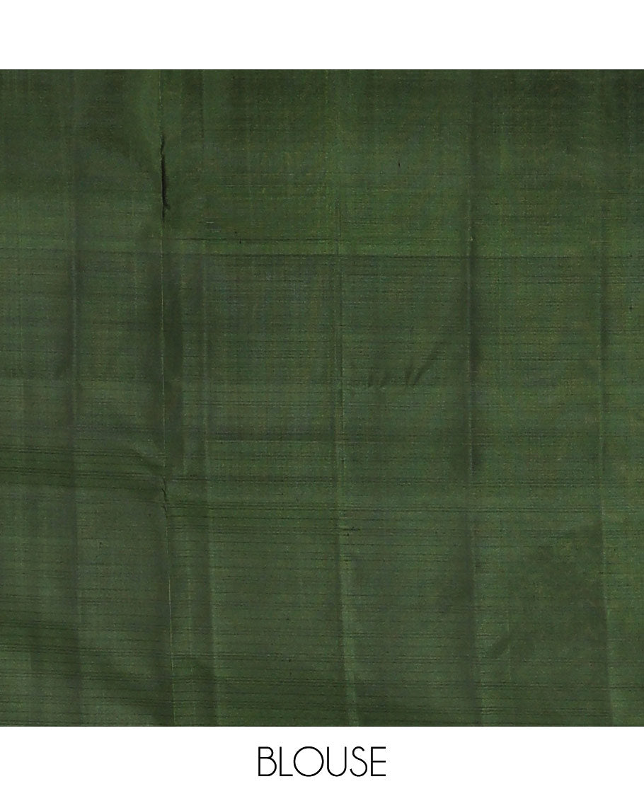 Green zari buttas soft silk saree, contrast floral and bird motifs border, and pallu of jaal, floral, and bird designs