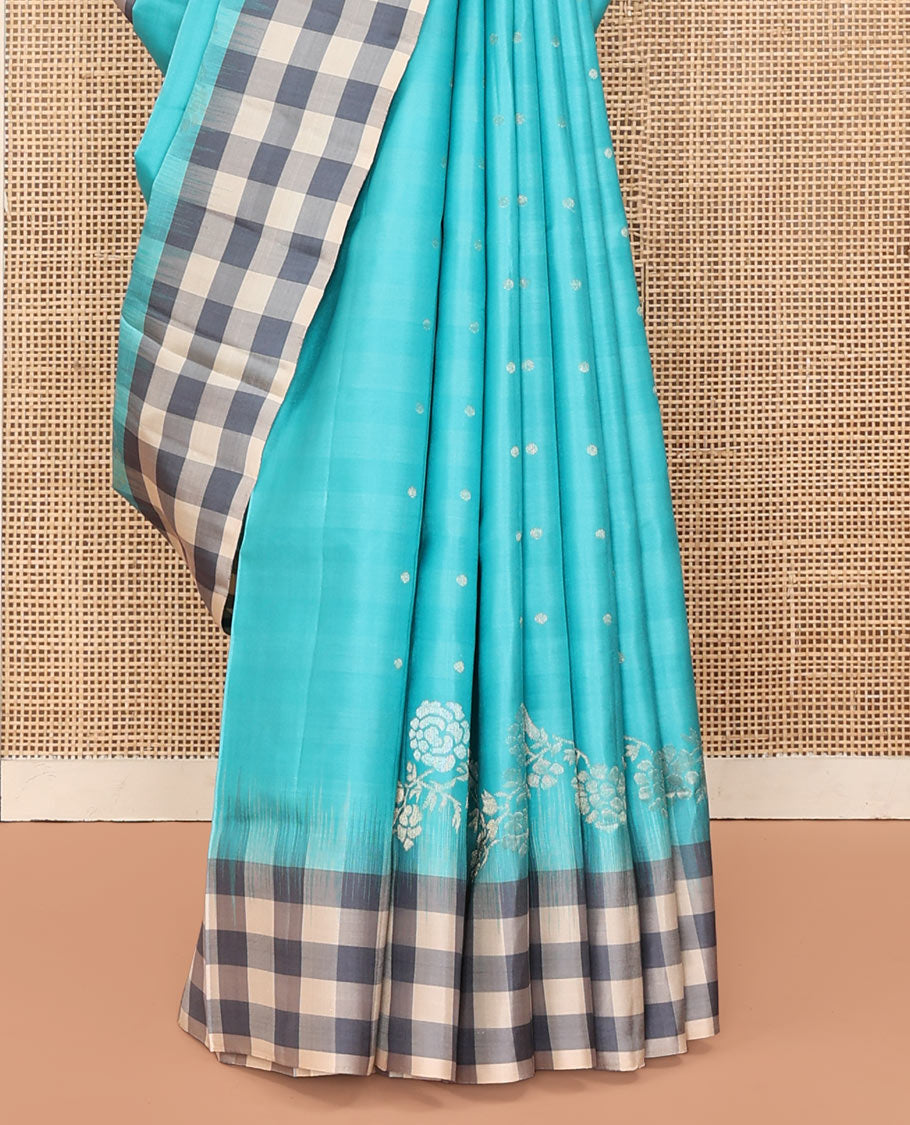 Blue Mayuri Soft Silk Saree, Steeped in Richness with Buttas and Floral Designs on Its Body, Complemented by Contrast Checked Border, Checked Pallu, and Paired with a Contrast Checked Blouse