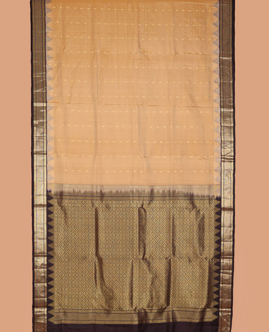 Sandal nine-yard silksaree with zari buttas,contrast thazampoo reku border of ara bogudi,muthu & ara maadam & jaal pallu