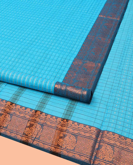 Blue Nine-Yard Cotton Saree Detailed with Buttas Enclosed Checked All Over Its Body, Complemented by a Contrast Border of Floral, Geometric, and Paisley Designs, Subtly Striped Pallu, and Comes Without a Blouse