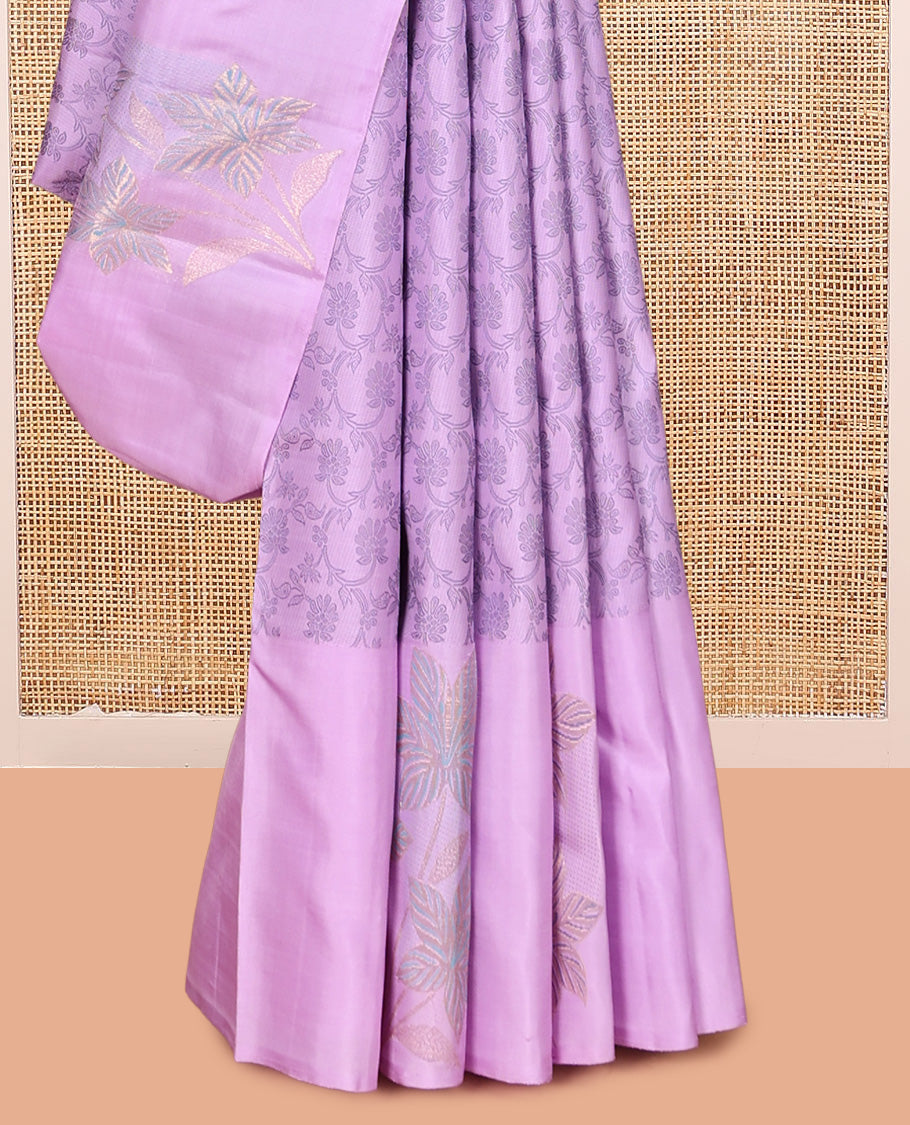 Lavender Floral Jaal Embossed Kanchipuram Silk Saree, a Floral Border, Contrast Jaal Pallu, Contrast Blouse