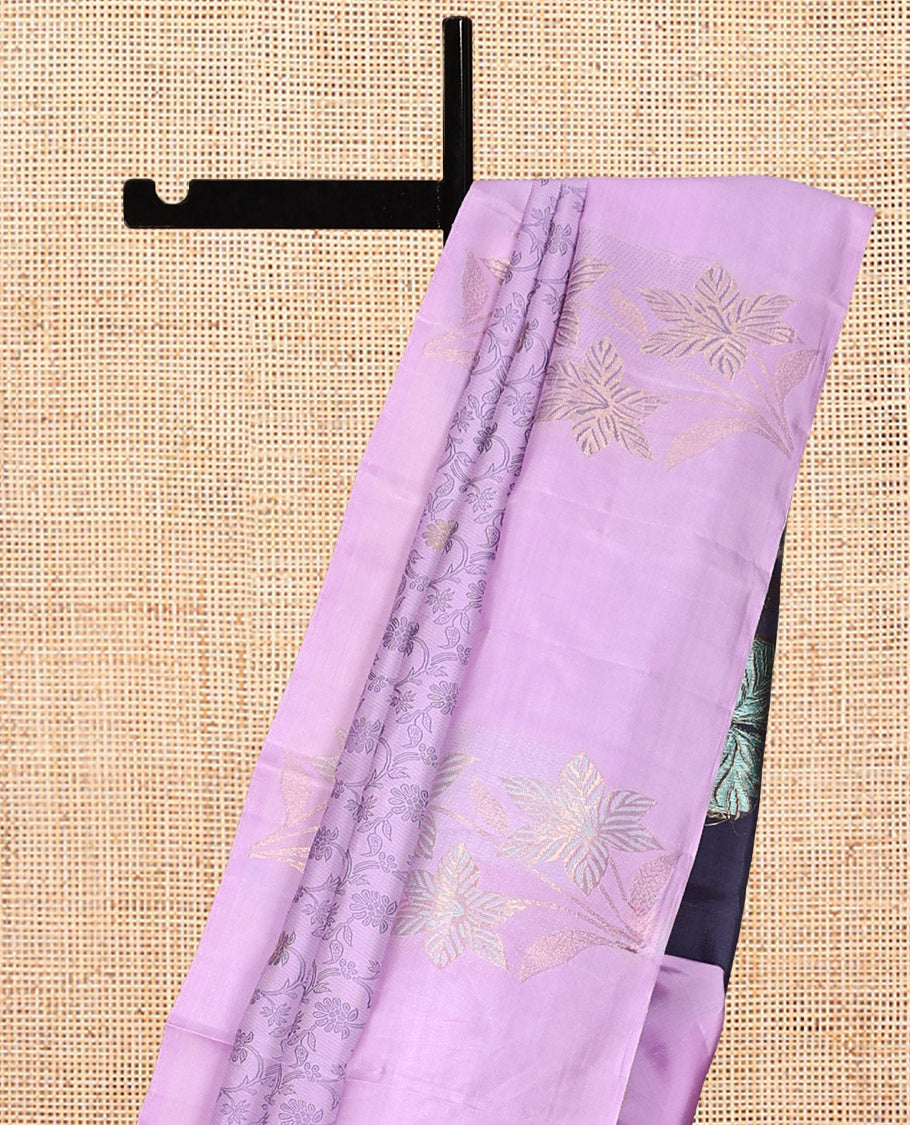 Lavender Floral Jaal Embossed Kanchipuram Silk Saree, a Floral Border, Contrast Jaal Pallu, Contrast Blouse