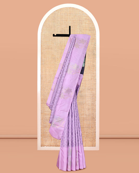Lavender Floral Jaal Embossed Kanchipuram Silk Saree, a Floral Border, Contrast Jaal Pallu, Contrast Blouse
