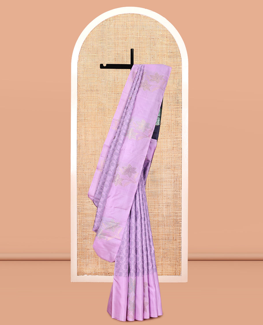 Lavender Floral Jaal Embossed Kanchipuram Silk Saree, a Floral Border, Contrast Jaal Pallu, Contrast Blouse