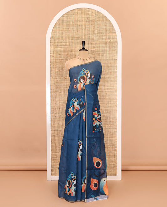 Borderless blue modern art style Radha Krishna motifs printed chanderi cotton saree, big Radha Krishna motifs printed pallu and a contrast printed blouse