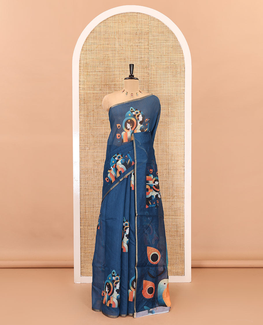 Borderless blue modern art style Radha Krishna motifs printed chanderi cotton saree, big Radha Krishna motifs printed pallu and a contrast printed blouse