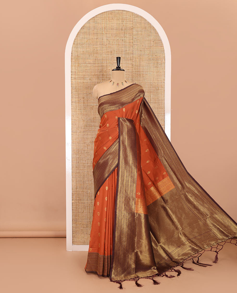 Orange zari buttas kanchi soft silk saree, contrast traditional zari design border, zari design pallu, and a contrast jacquard blouse