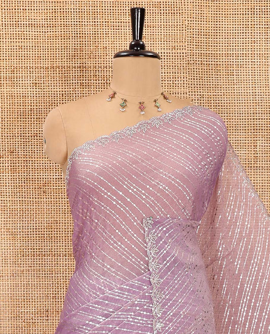 Lavender diagonal striped foli printed shimmer chiffon saree, scallop jarkan stone work border, self-pallu, and plain blouse