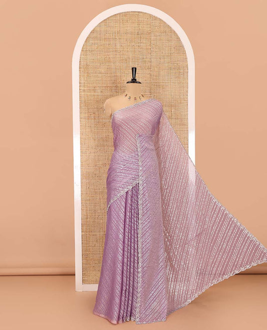 Lavender diagonal striped foli printed shimmer chiffon saree, scallop jarkan stone work border, self-pallu, and plain blouse