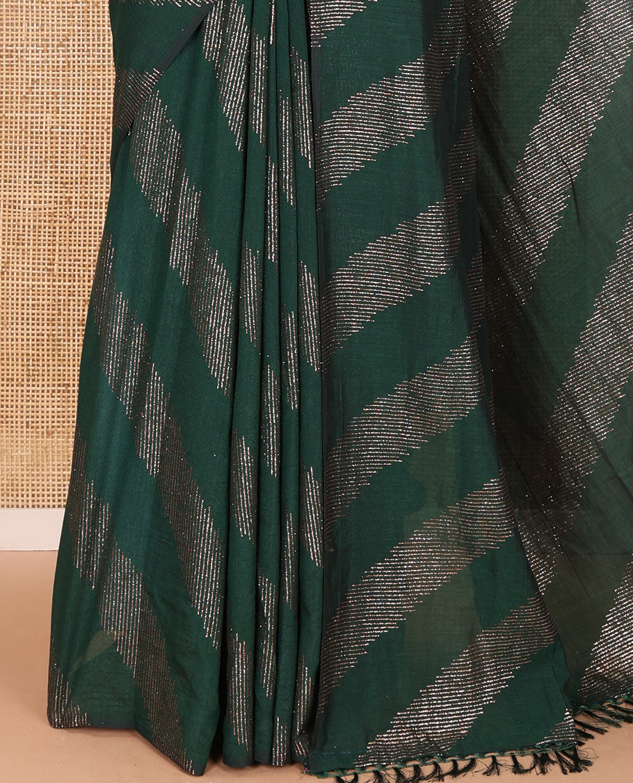 Borderless bottle green leheriya-striped foil-printed Vichitra silk saree with a self pallu and no blouse