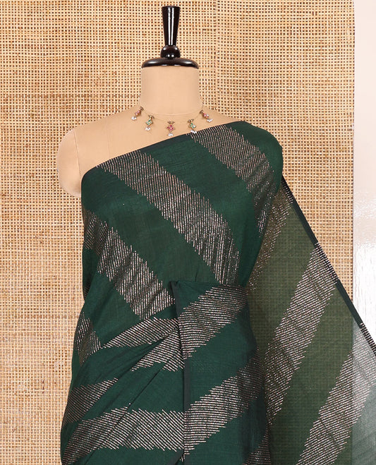 Borderless bottle green leheriya-striped foil-printed Vichitra silk saree with a self pallu and no blouse
