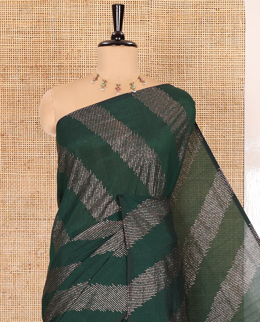 Borderless bottle green leheriya-striped foil-printed Vichitra silk saree with a self pallu and no blouse