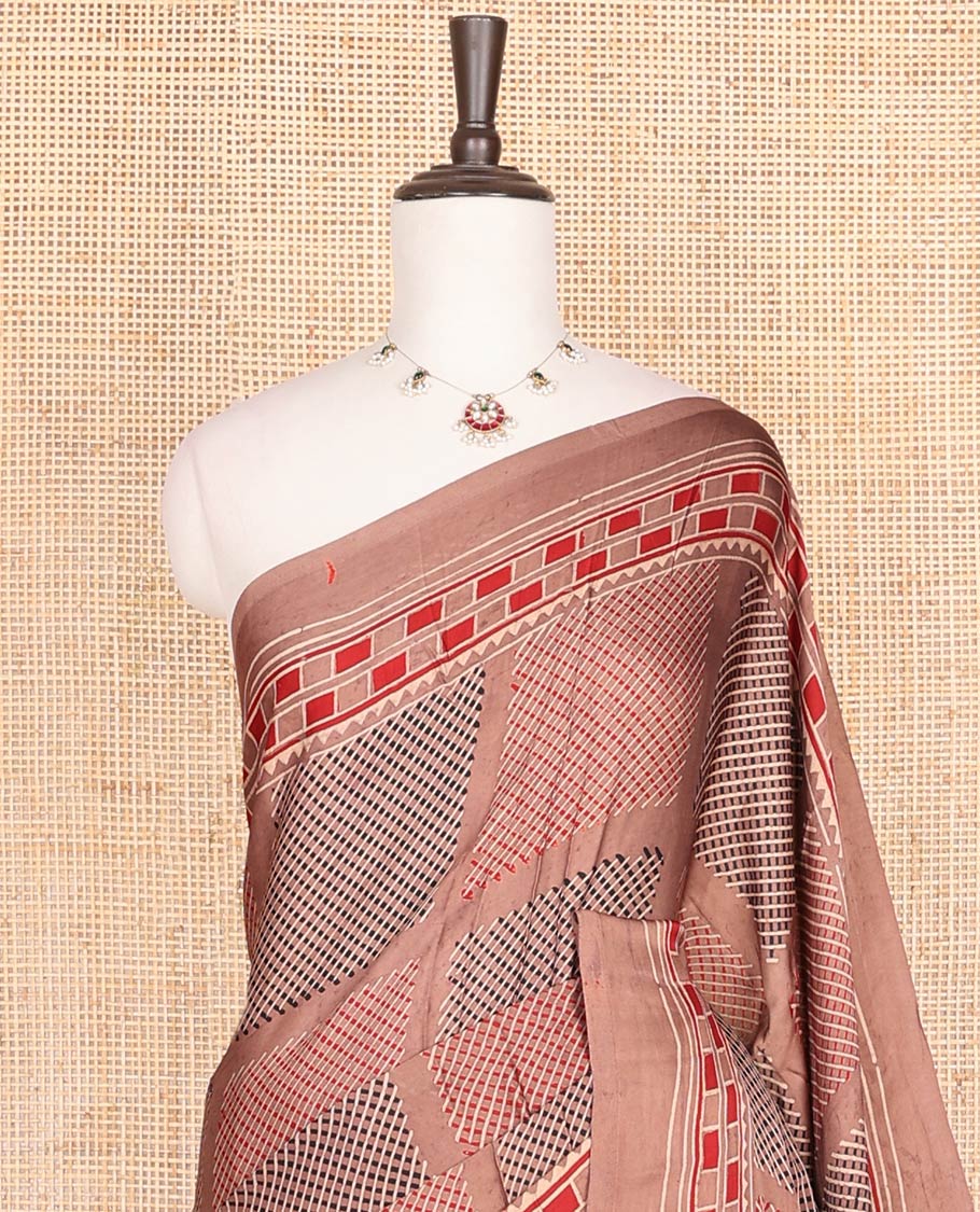 Brown geometric design modal saree with self border & pichwai design pallu