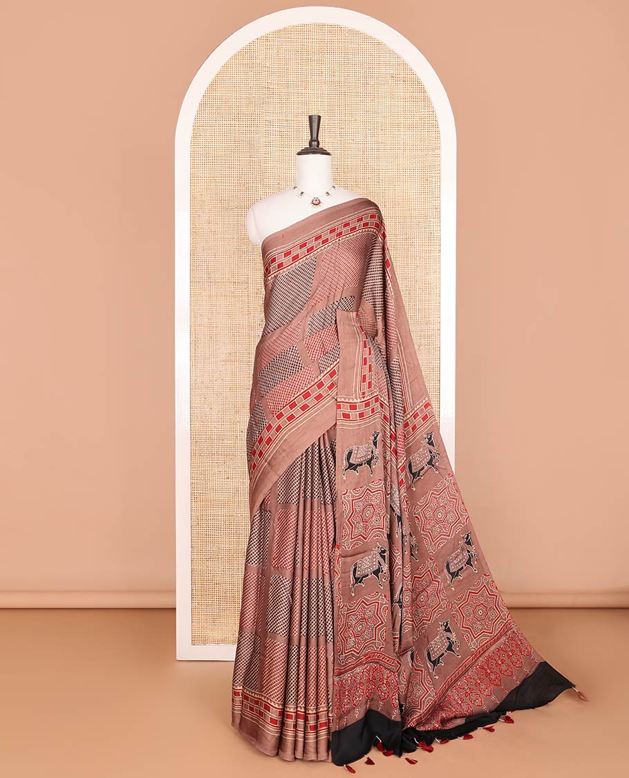 Brown geometric design modal saree with self border & pichwai design pallu
