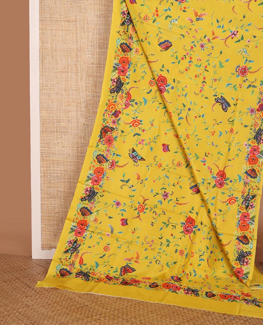 Yellow floral vine & butterflies printed silk saree, self-border & pallu features the same floral vine & butterflies print