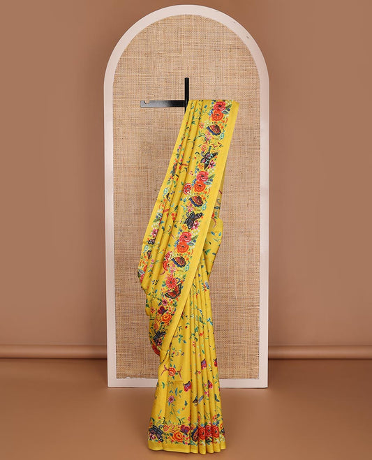 Yellow floral vine & butterflies printed silk saree, self-border & pallu features the same floral vine & butterflies print