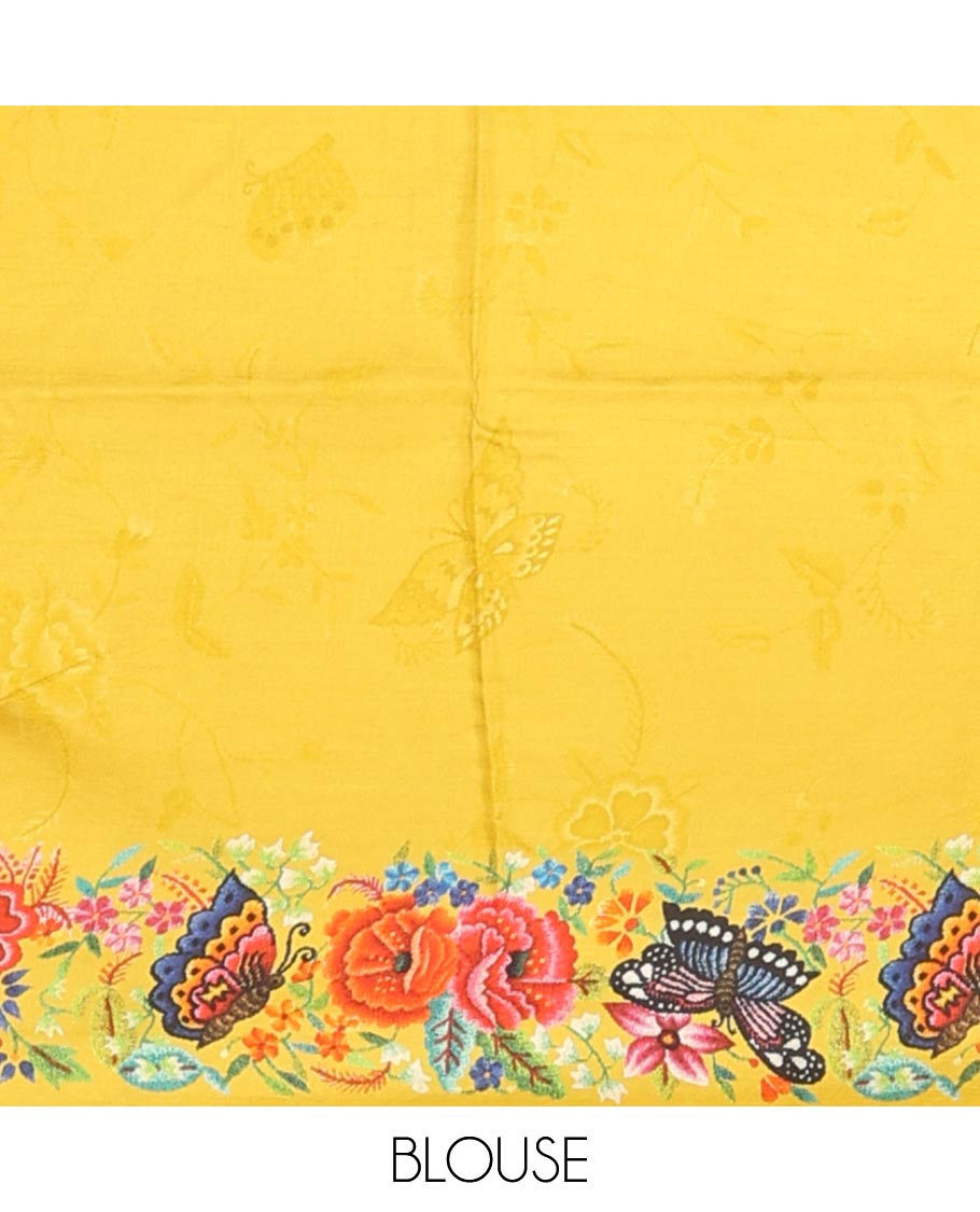 Yellow floral vine & butterflies printed silk saree, self-border & pallu features the same floral vine & butterflies print