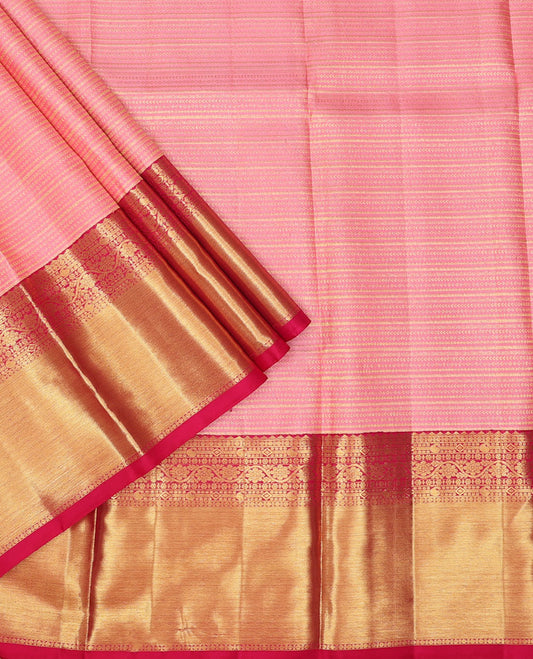 Pink zari design pure-silk half saree, contrast border & blouse of traditional zari designs & zari design dhavani