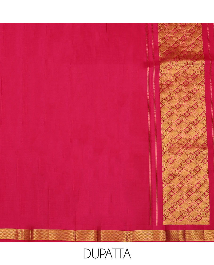 Pink zari design pure-silk half saree, contrast border & blouse of traditional zari designs & zari design dhavani