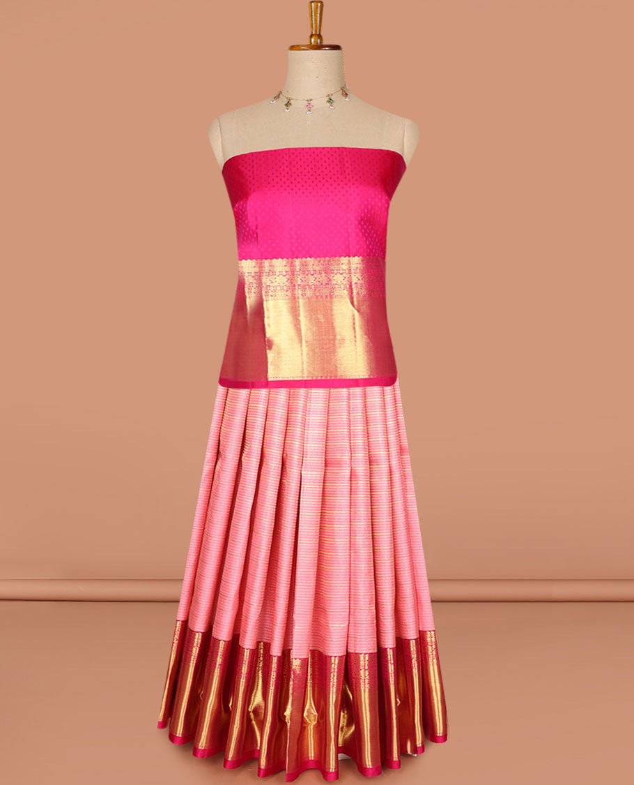 Pink zari design pure-silk half saree, contrast border & blouse of traditional zari designs & zari design dhavani