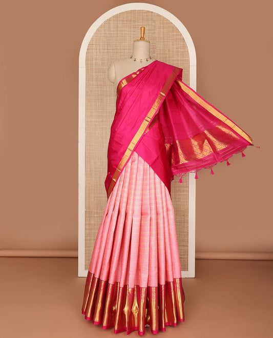 Pink zari design pure-silk half saree, contrast border & blouse of traditional zari designs & zari design dhavani