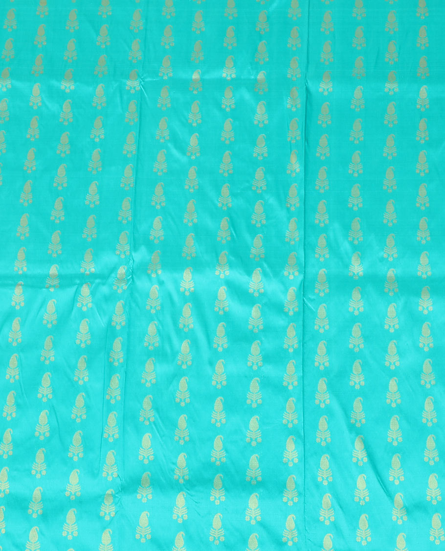 Blue zari buttas pure-silk half-saree with contrast border of laddu kamalam, kodi visiry, and mayil kann designs, contrast zari bordered blouse, and jaal design dhavani