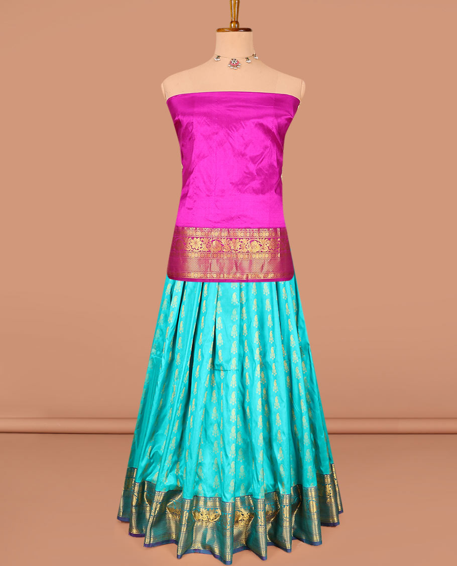 Blue zari buttas pure-silk half-saree with contrast border of laddu kamalam, kodi visiry, and mayil kann designs, contrast zari bordered blouse, and jaal design dhavani