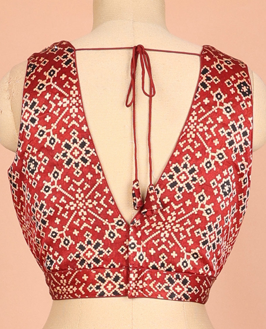 Red patola motifs-style printed front and back deep-V neck sleeveless readymade blouse