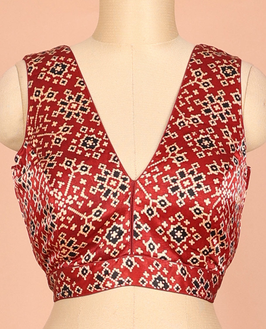 Red patola motifs-style printed front and back deep-V neck sleeveless readymade blouse