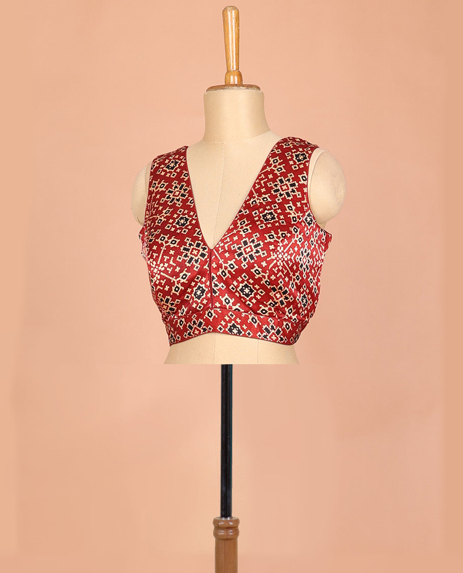 Red patola motifs-style printed front and back deep-V neck sleeveless readymade blouse