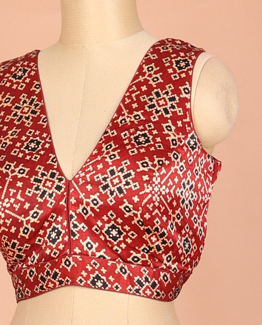 Red patola motifs-style printed front and back deep-V neck sleeveless readymade blouse