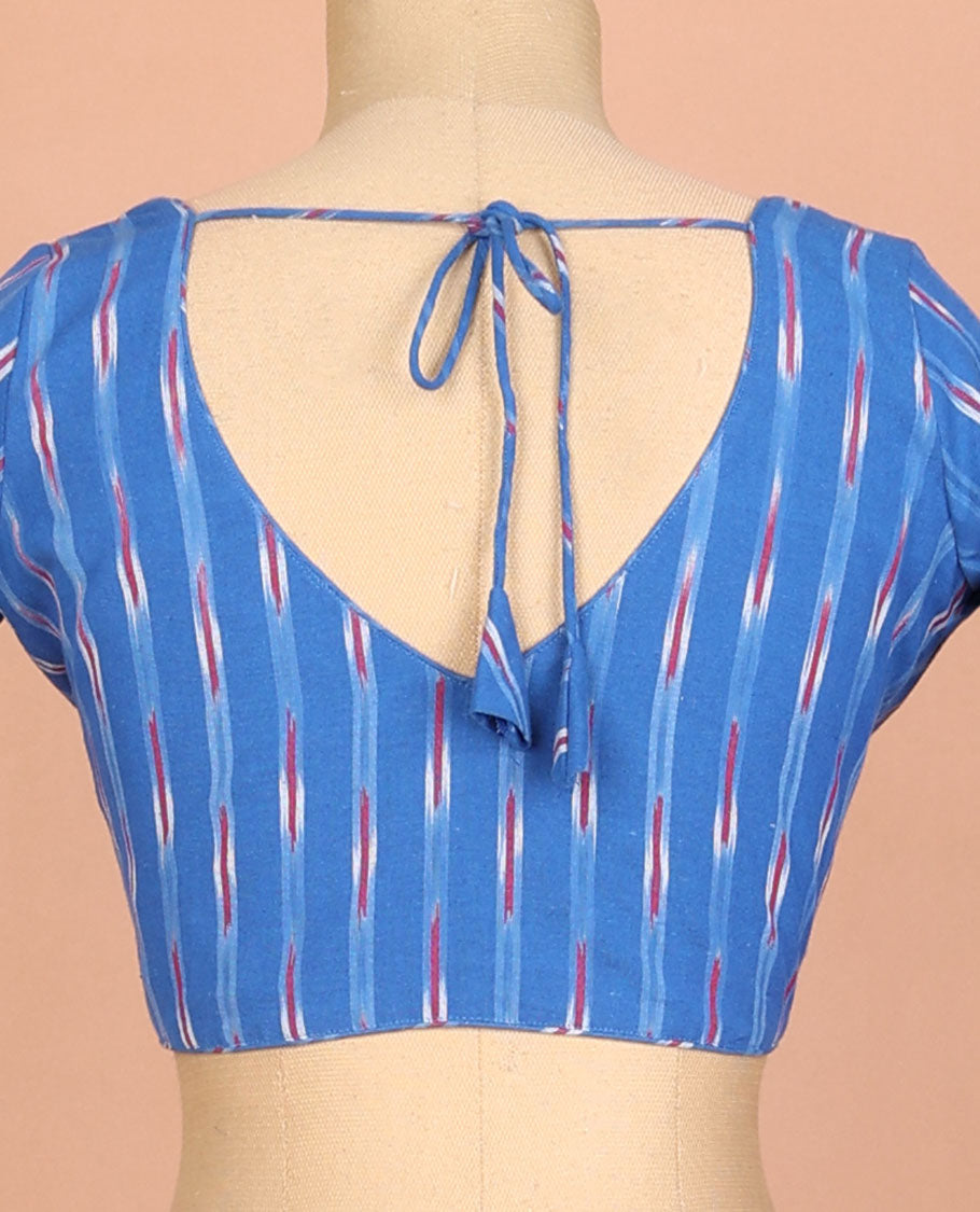 Blue ikkat style cotton readymade blouse with bell sleeve & leaf neck