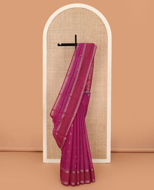 Maroon zari buttas silk cotton saree, contrast zari checked border, and floral zari design pallu