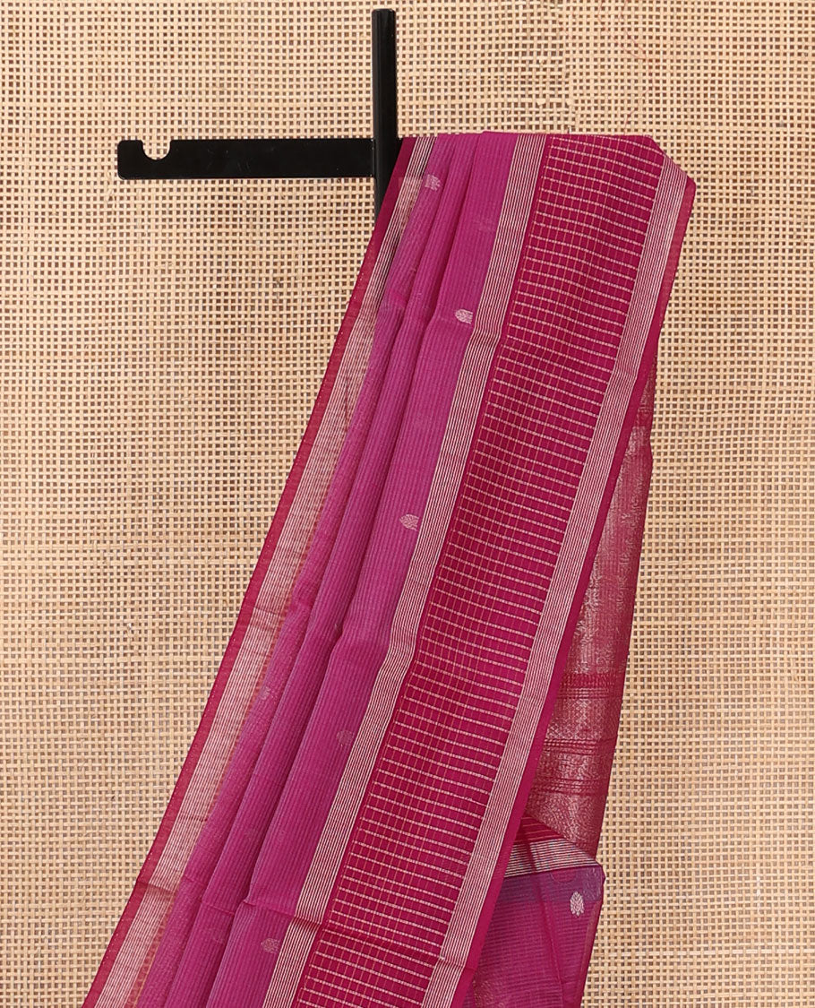 Maroon zari buttas silk cotton saree, contrast zari checked border, and floral zari design pallu