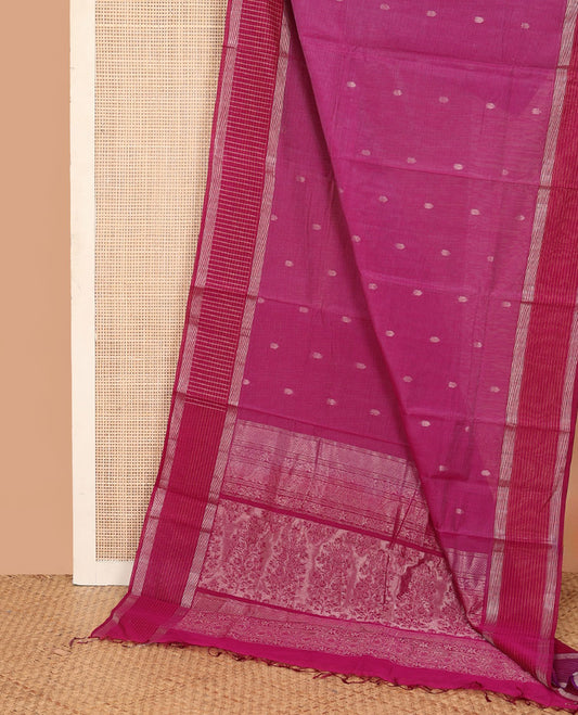 Maroon zari buttas silk cotton saree, contrast zari checked border, and floral zari design pallu