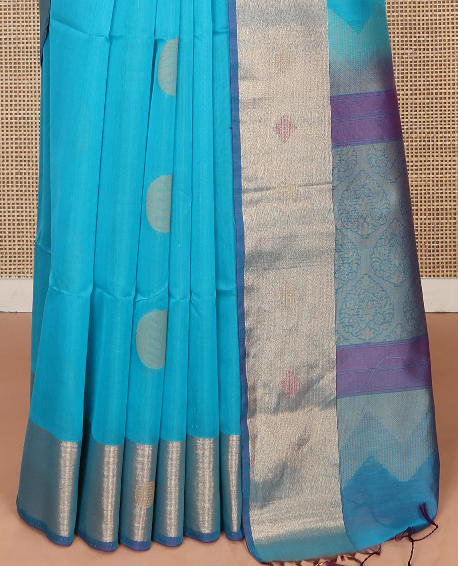 Blue Silk Cotton Saree, Subtly Sparkled with Polka Dot Buttas, Complemented by a Contrast Border, Intricately Designed Pallu, and a Contrast Blouse