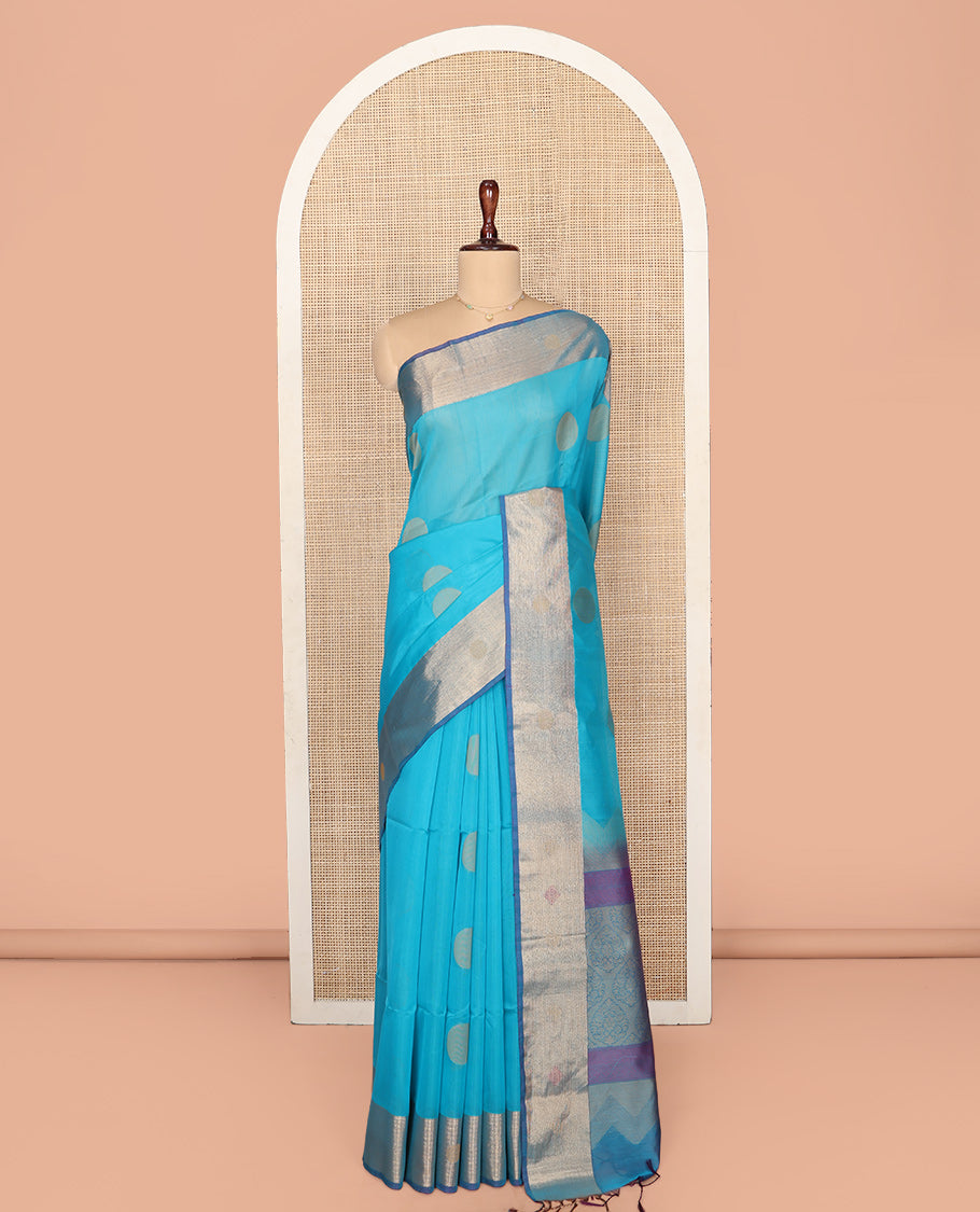 Blue Silk Cotton Saree, Subtly Sparkled with Polka Dot Buttas, Complemented by a Contrast Border, Intricately Designed Pallu, and a Contrast Blouse