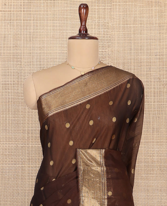 Brown Silk Cotton Saree, Decorated with Zari Buttas All Over Its Body, Highlighted by Traditional Zari Border, Diagonally Woven Pallu and Paired With a Matching Blouse