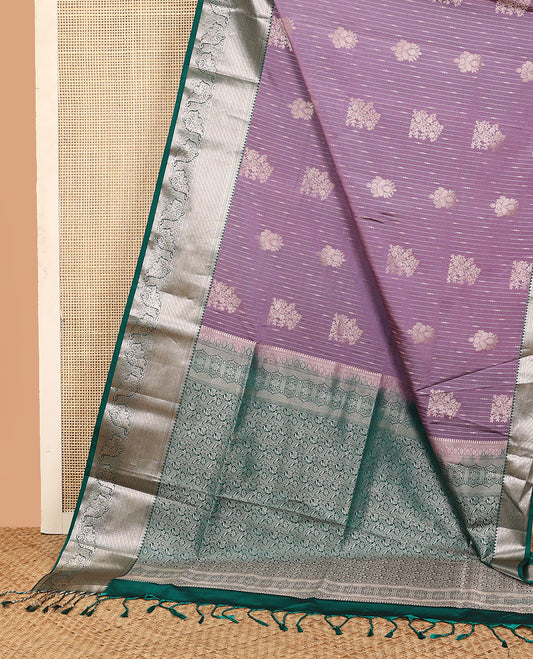 Purple striped and buttas soft silk saree, contrast traditional zari design border, and intricate floral design pallu